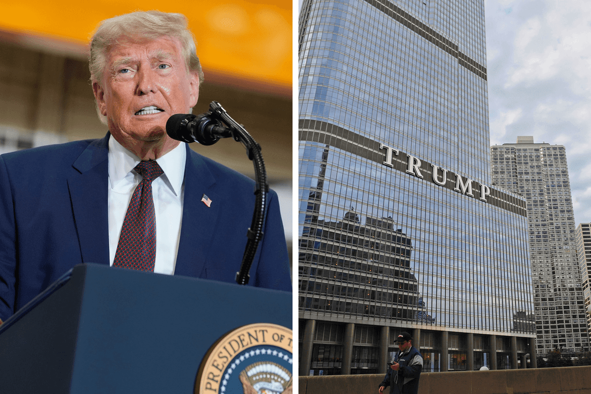 Left, Donald Trump speaks behind his blue presidential lectern. Right, the exterior of Trump Tower in Chicago.