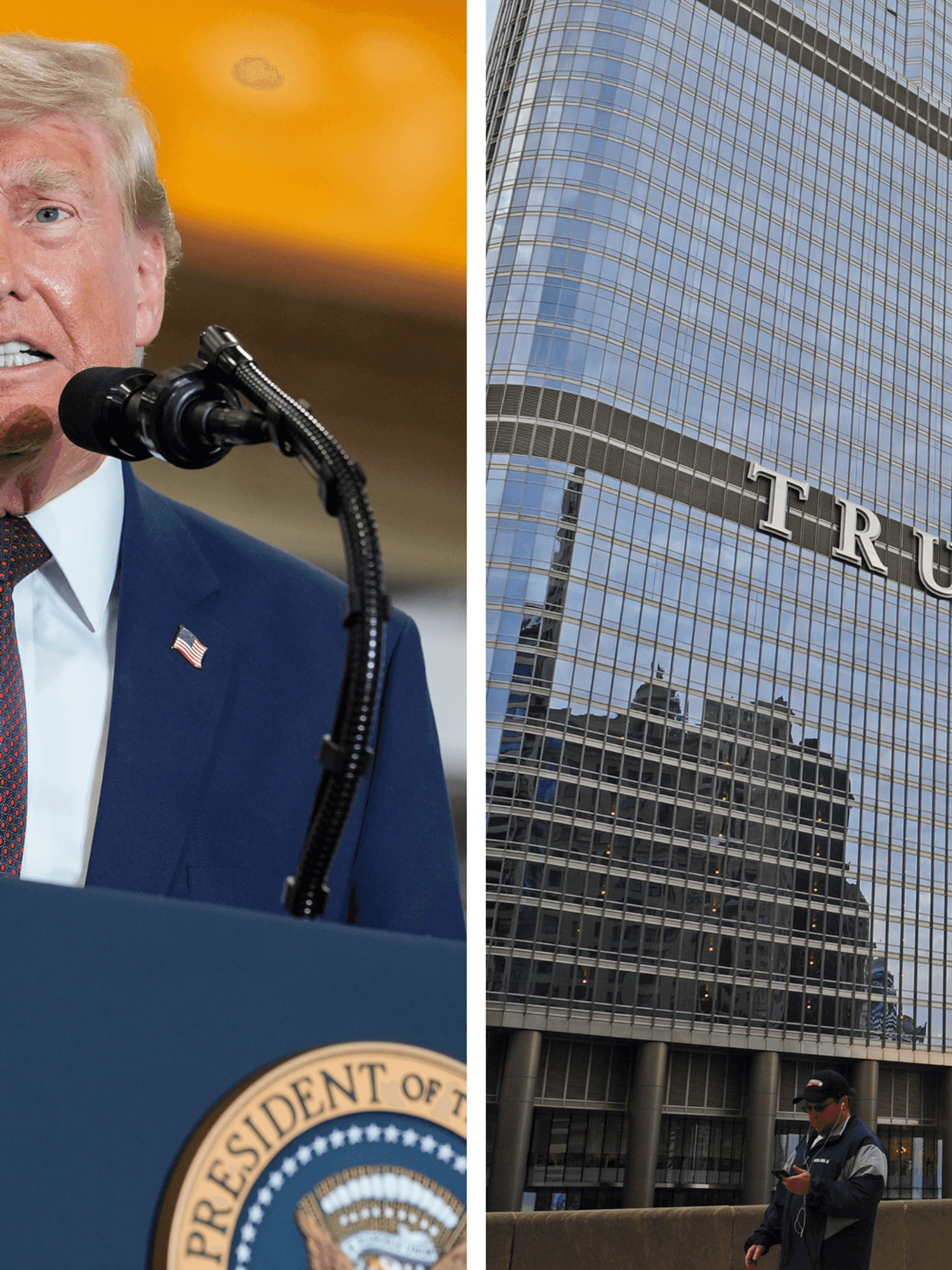 Left, Donald Trump speaks behind his blue presidential lectern. Right, the exterior of Trump Tower in Chicago.