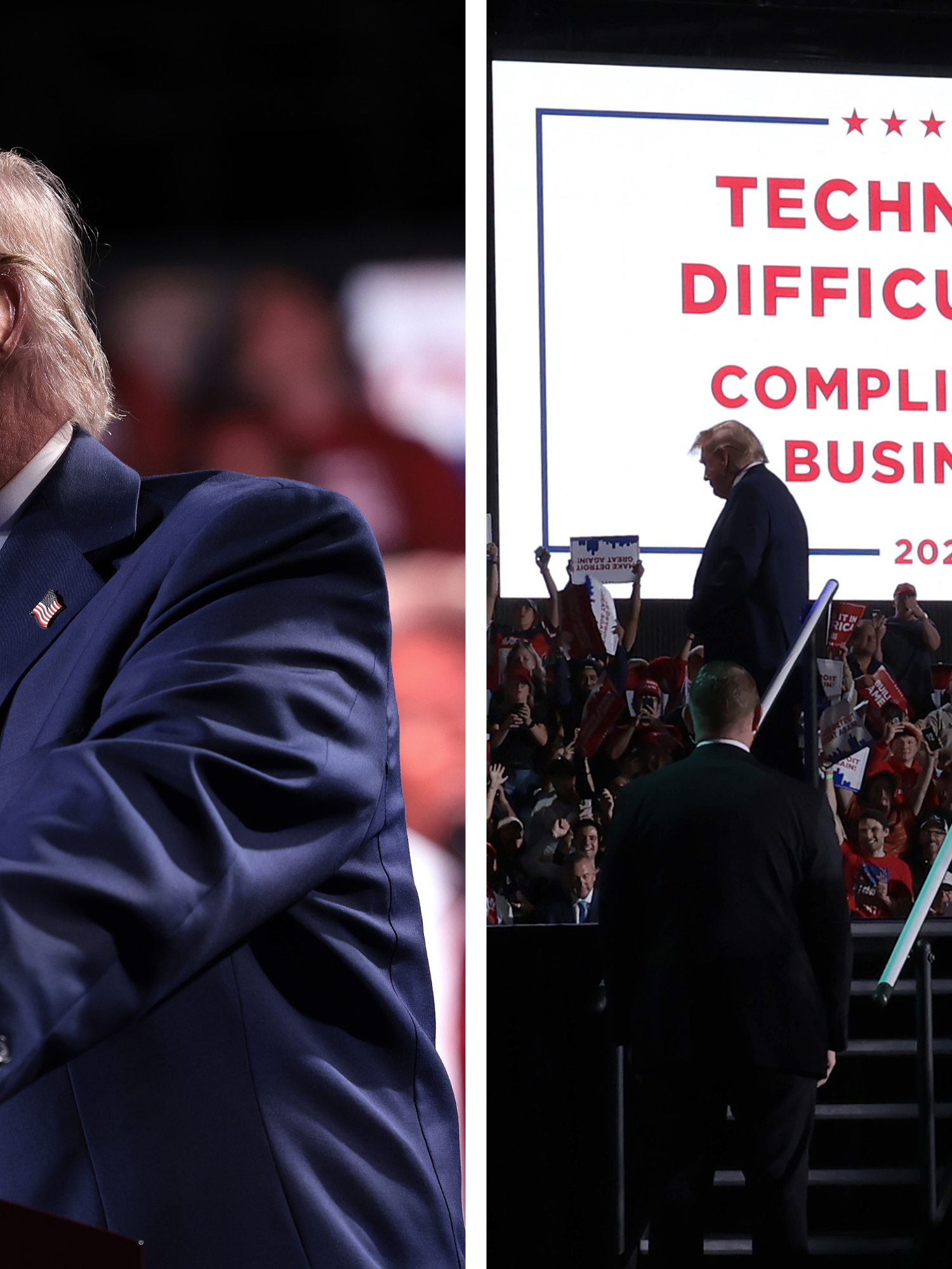 Left, Donald Trump speaks into a microphone attached to a lectern. Right, he is silhoutted on a stage in front of a white screen displaying text which reads: 'Technical difficulties. Complicated business.'