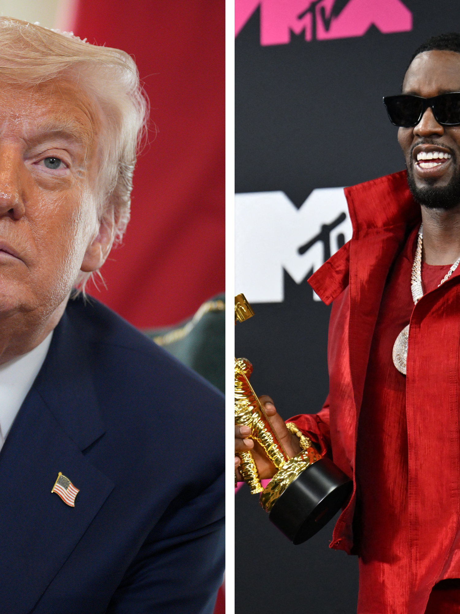 Left, Donald Trump, with a neutral expression on his face. Right, Sean Combs, smiling and wearing sunglasses ands a red suit, holding a golden MTV award in his right hand.