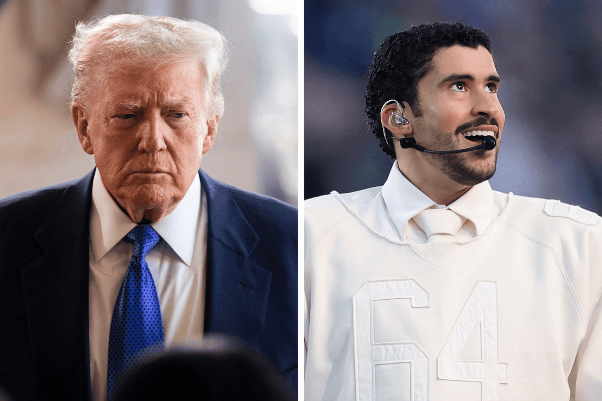 Left, Donald Trump, with a stern expression on his face. Right, Bad Bunny, smiling while performing at the Super Bowl.