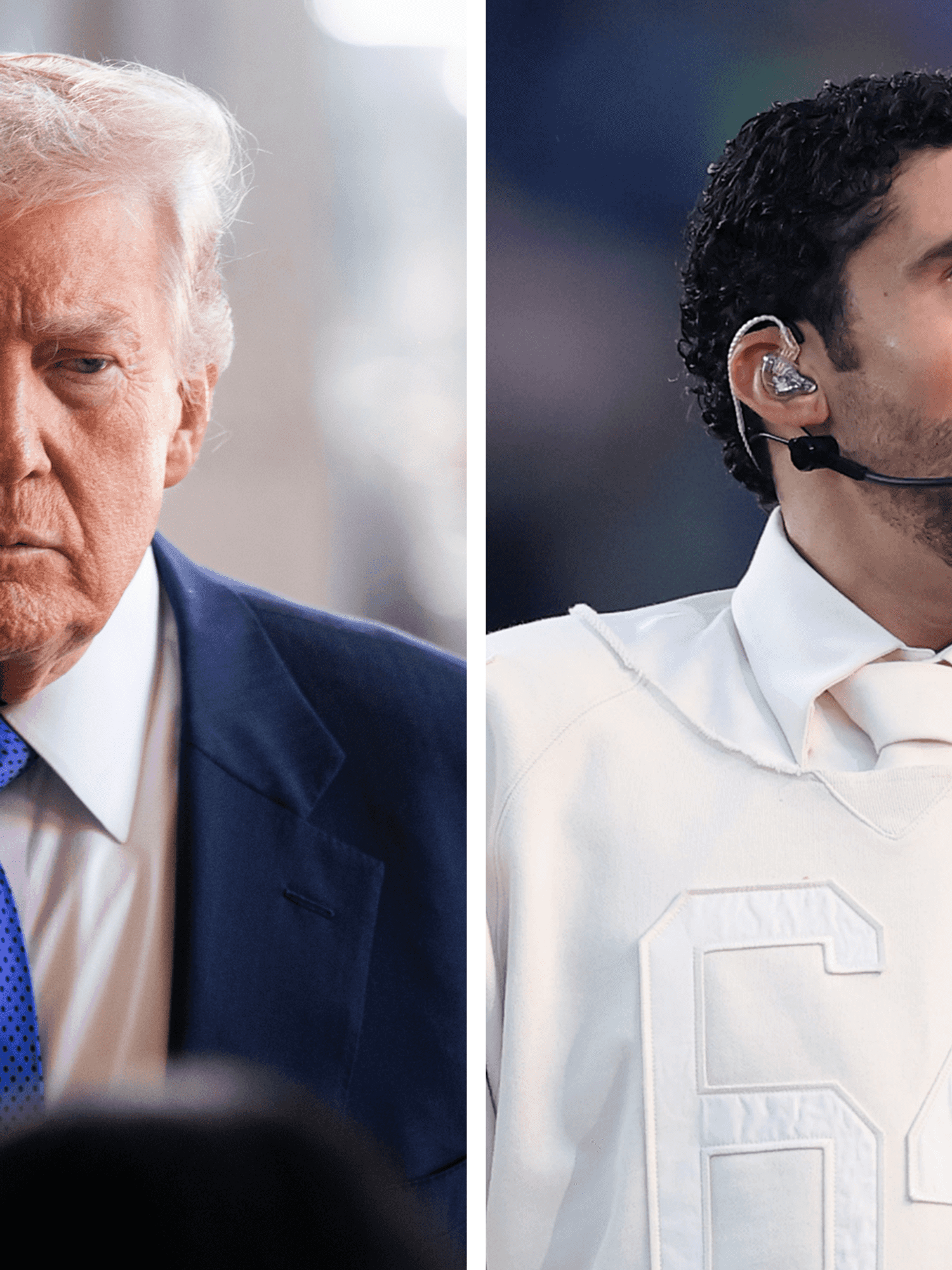 Left, Donald Trump, with a stern expression on his face. Right, Bad Bunny, smiling while performing at the Super Bowl.