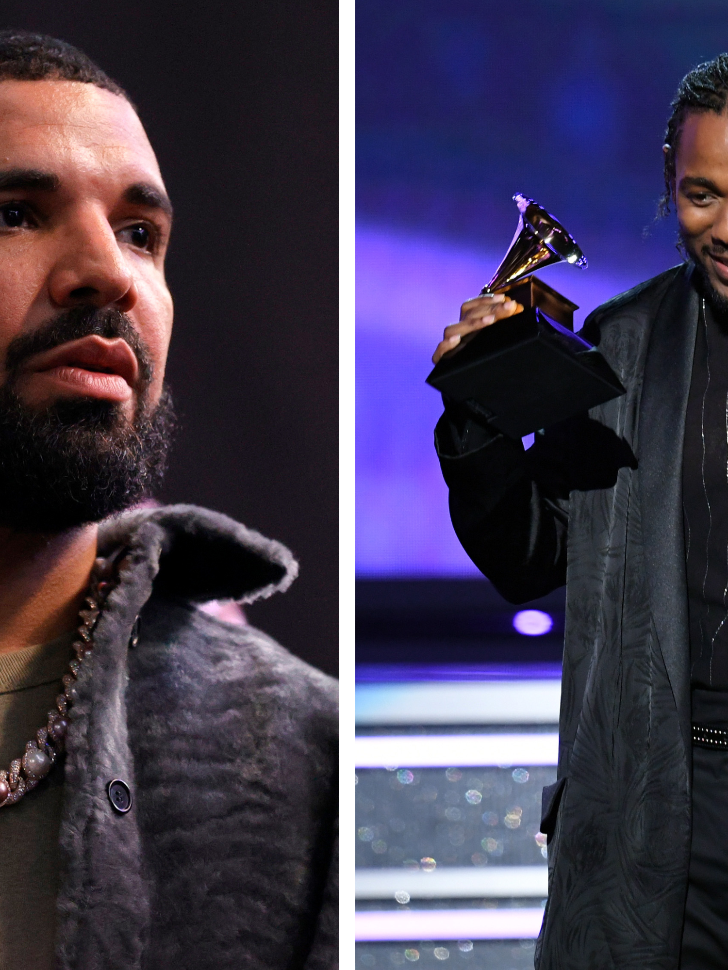 Left, Drake. Right, Kendrick Lamar on stage in an all-black outfit holding a Grammy award.