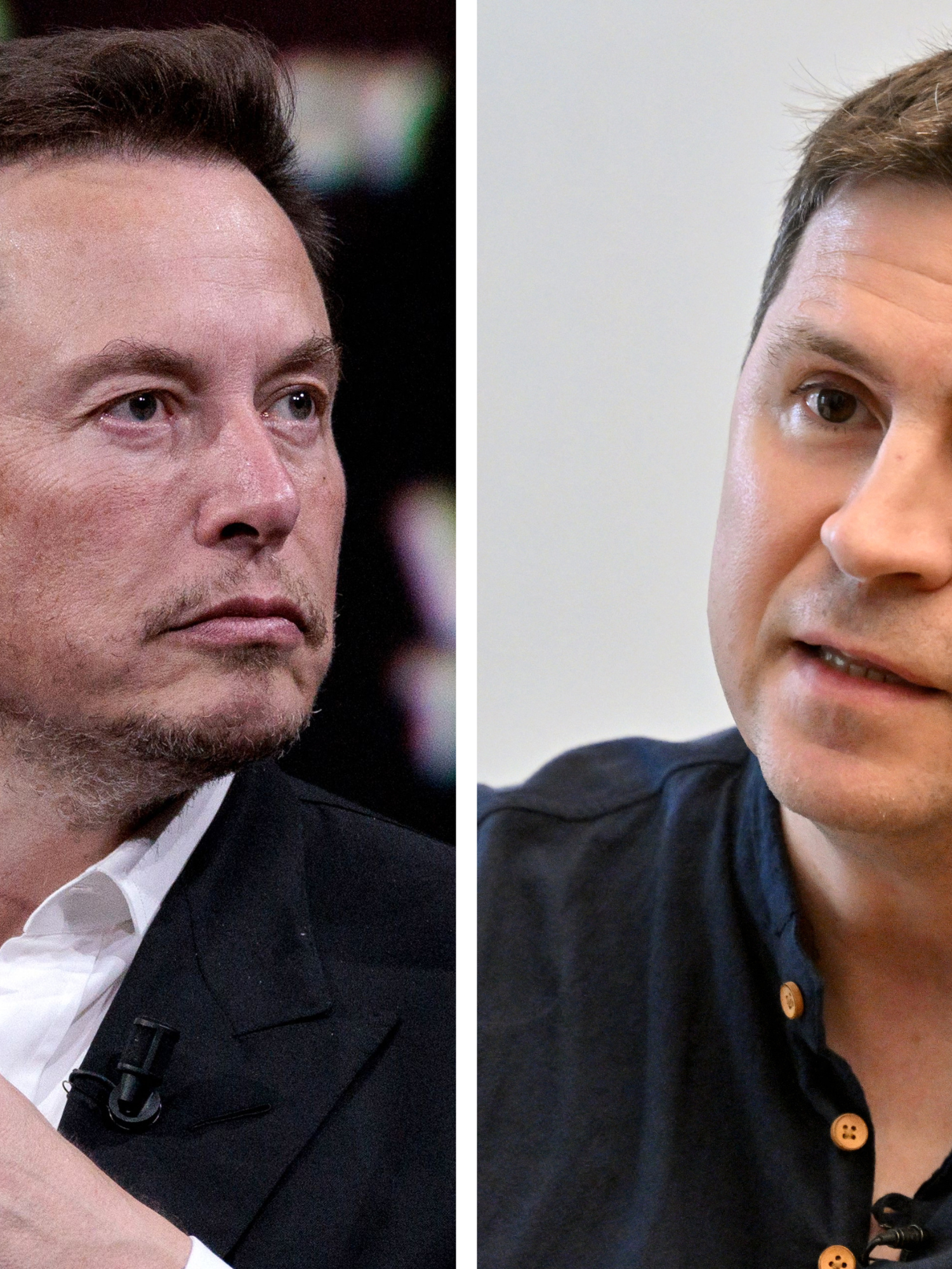 Left, Elon Musk, a white man with short black hair and a black suit, bridging his fingers and looking to his left. Right, Mykhailo Podolyak, a white man with short brown hair and a blue collared shirt, talks to someone off camera, looking slightly to his right.