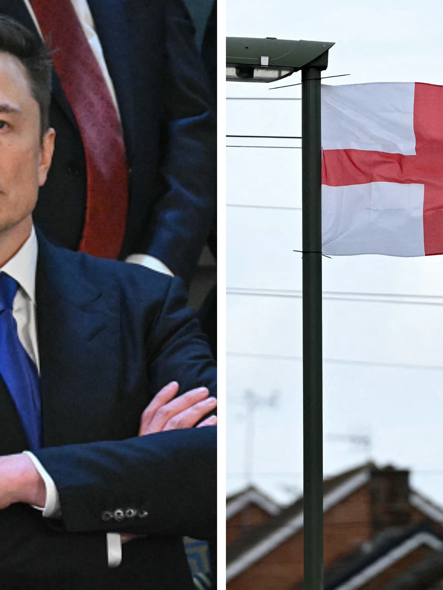 Left, Elon Musk in a black suit, with a neutral expression and his arms crossed. Right, the England flag on a pole above a house, with several rows of roofs visible behind it.