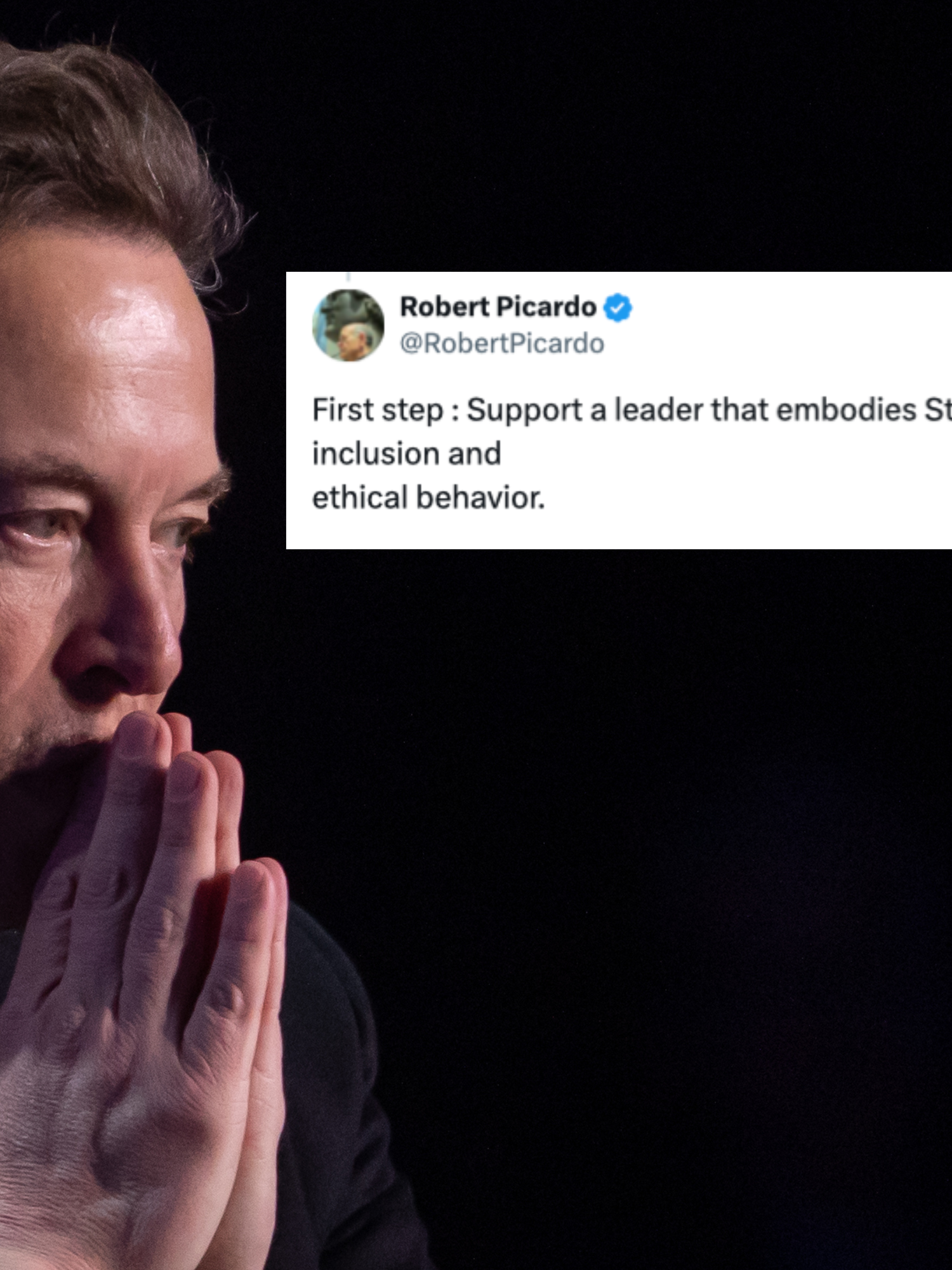 Left, Elon Musk rests his head on his hands, which are palms together in front of him like he is praying. Inset right, a tweet from Robert Picardo reads: 'First step: support a leader that embodies Starfleet values like diversity, inclusion and ethical behaviour.'