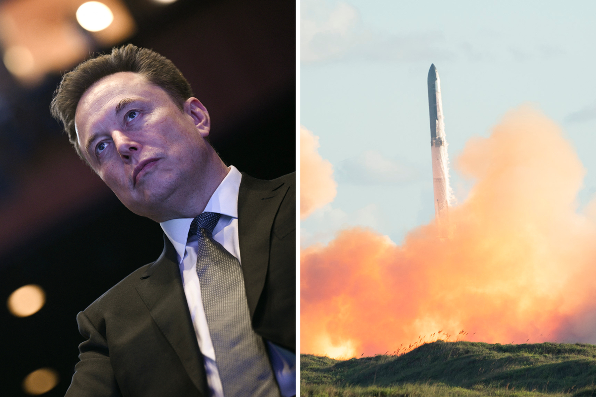 Left, Elon Musk. Right, a SpaceX rocket launching into the sky with orange fire and smoke underneath it.
