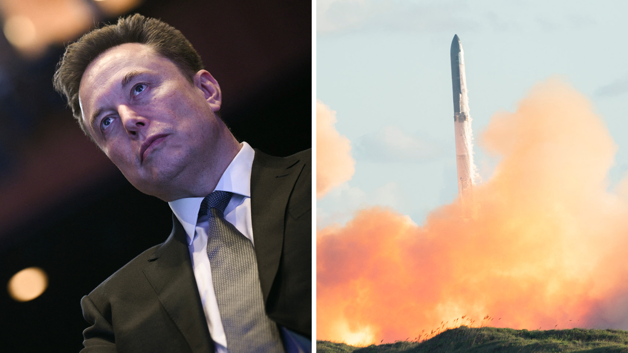 Left, Elon Musk. Right, a SpaceX rocket launching into the sky with orange fire and smoke underneath it.