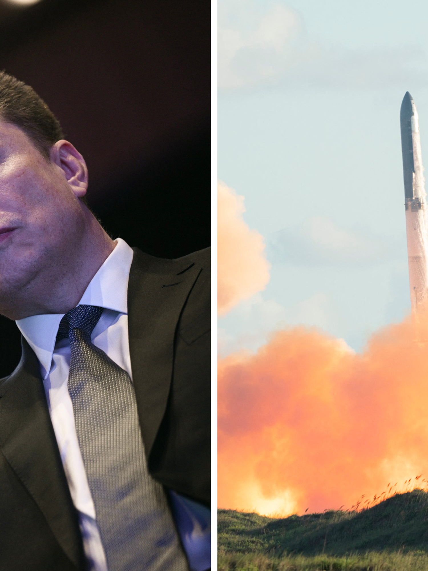 Left, Elon Musk. Right, a SpaceX rocket launching into the sky with orange fire and smoke underneath it.