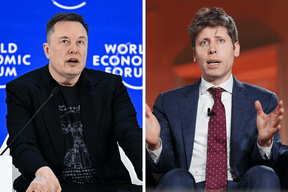 Left, Elon Musk. Right, Sam Altman. Both are sat speaking at a conference.