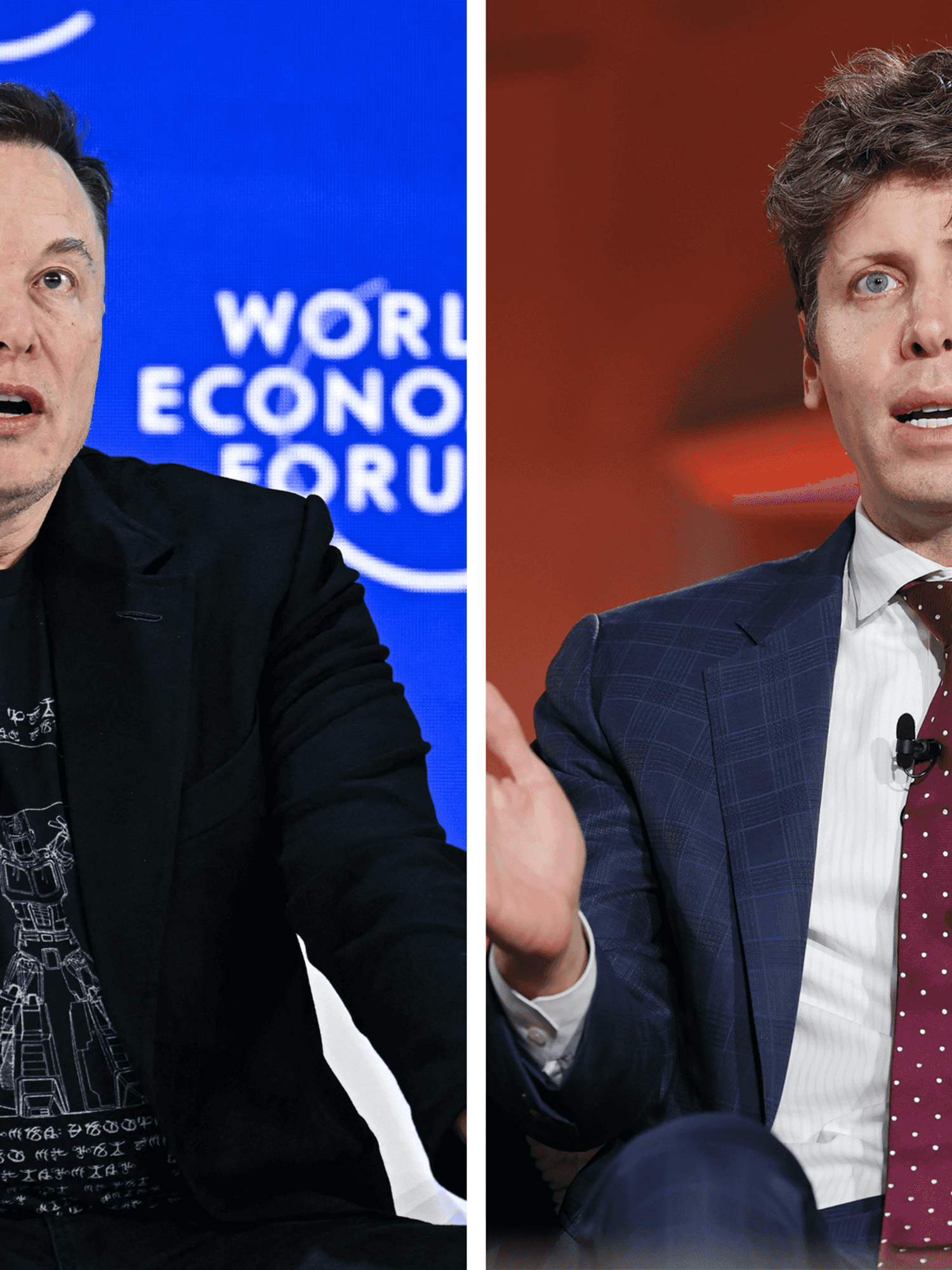 Left, Elon Musk. Right, Sam Altman. Both are sat speaking at a conference.