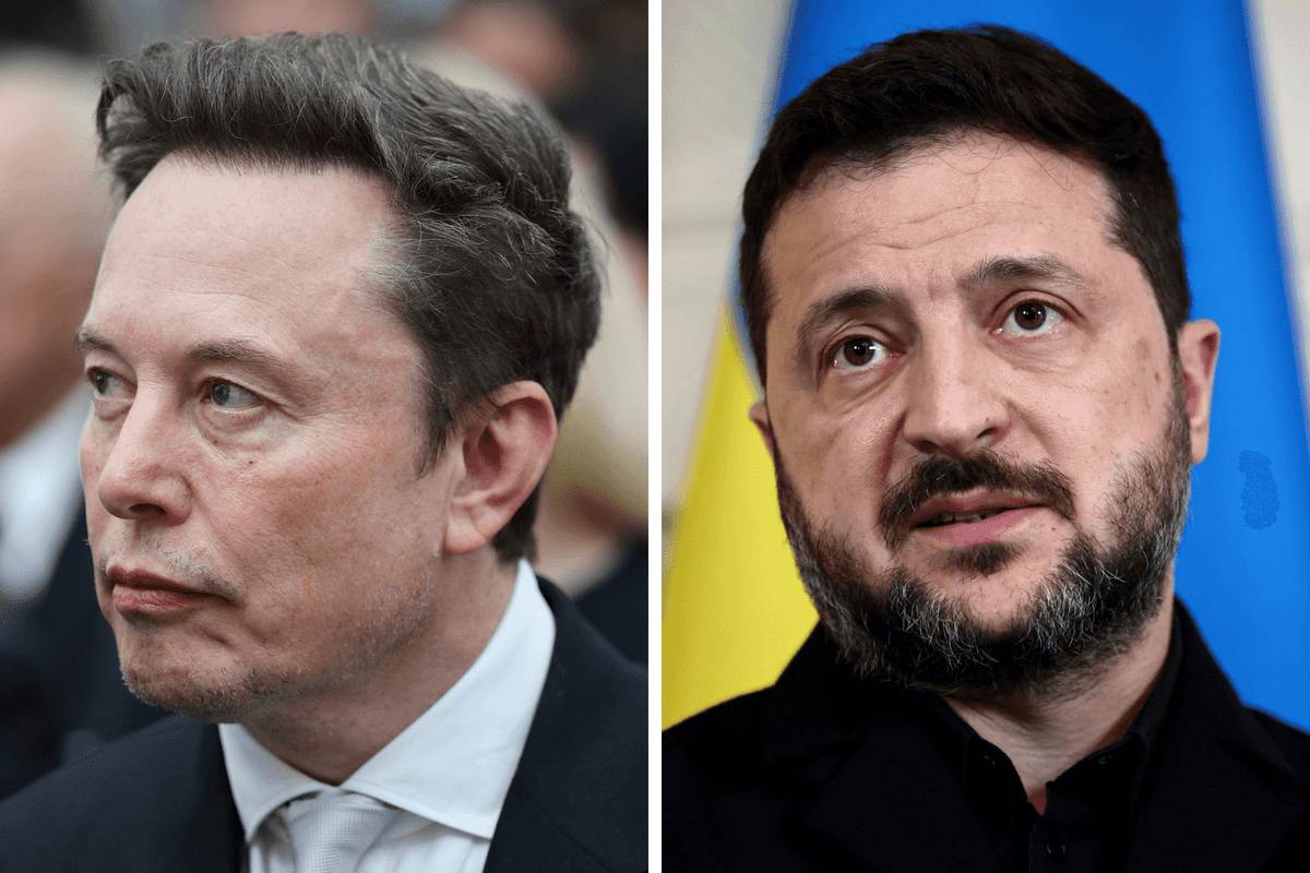 Left, Elon Musk. Right, Volodymyr Zelensky.
