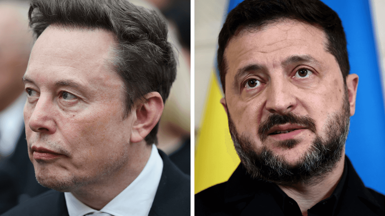 Left, Elon Musk. Right, Volodymyr Zelensky.