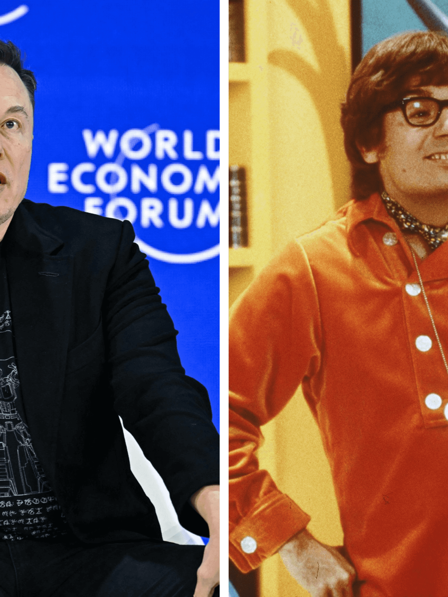 Left, Elon Musk speaking at the World Economic Forum. Right, Mike Myers as Austin Powers.