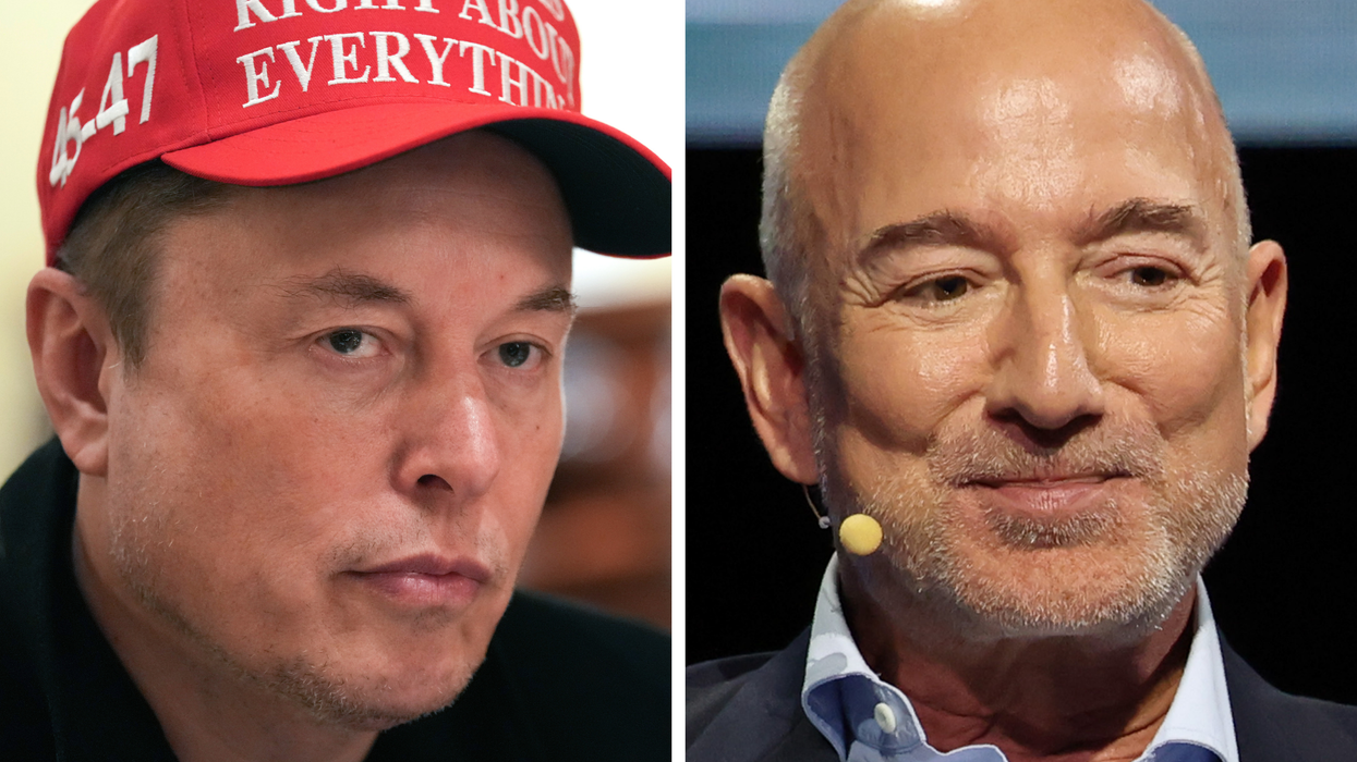 Left, Elon Musk wearing a 'Trump was right about everything' red cap. Right, Jeff Bezos.