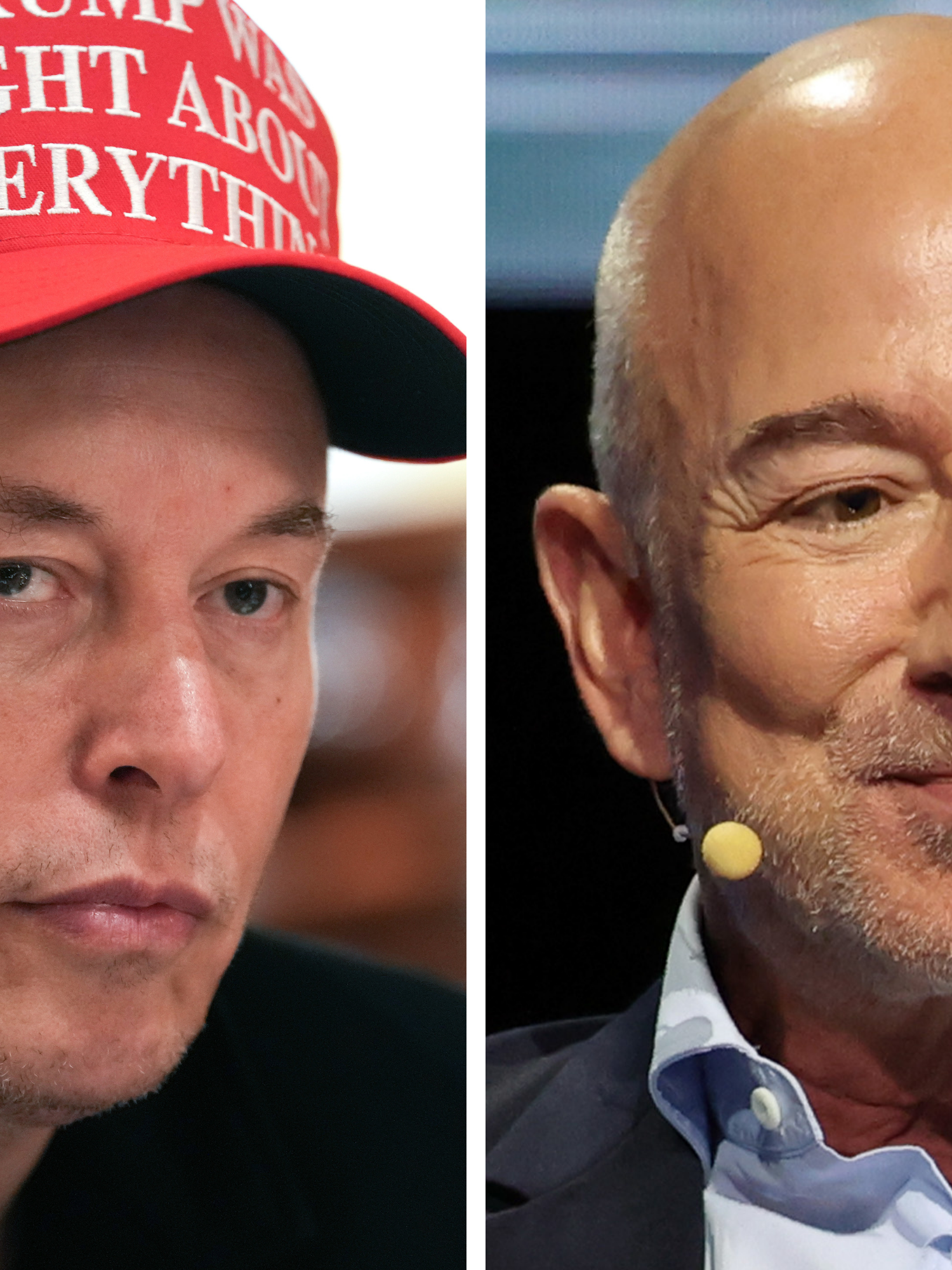 Left, Elon Musk wearing a 'Trump was right about everything' red cap. Right, Jeff Bezos.