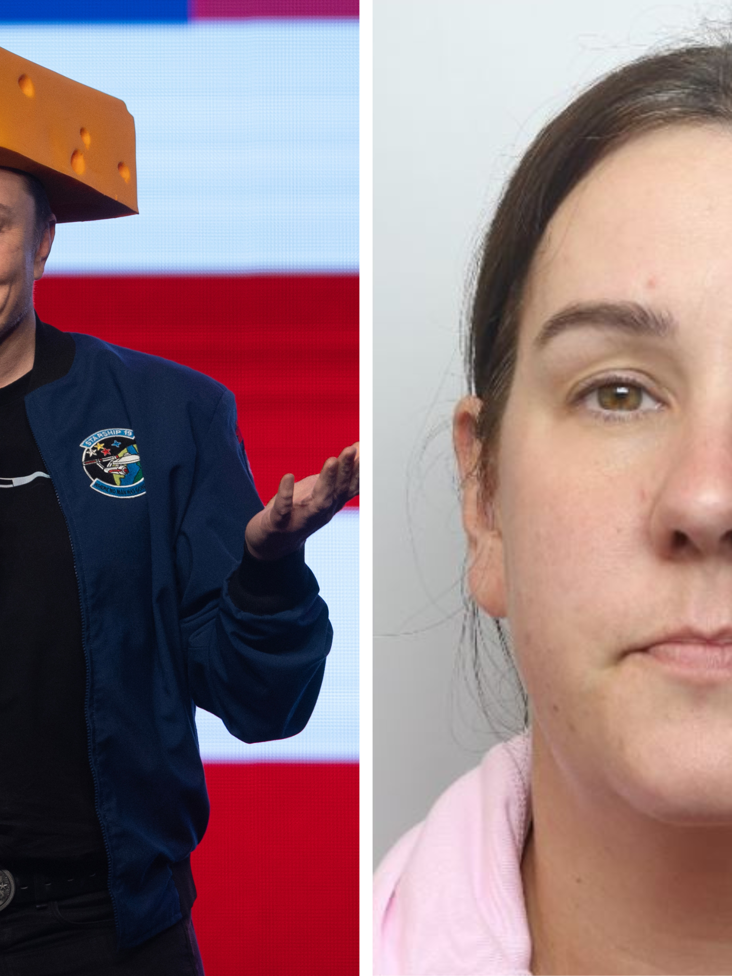 Left, Elon Musk with a cheese hat on his head, speaking at an event. Right, a mugshot of Lucy Connolly, a white woman with short black hair wearing a pink hoodie.