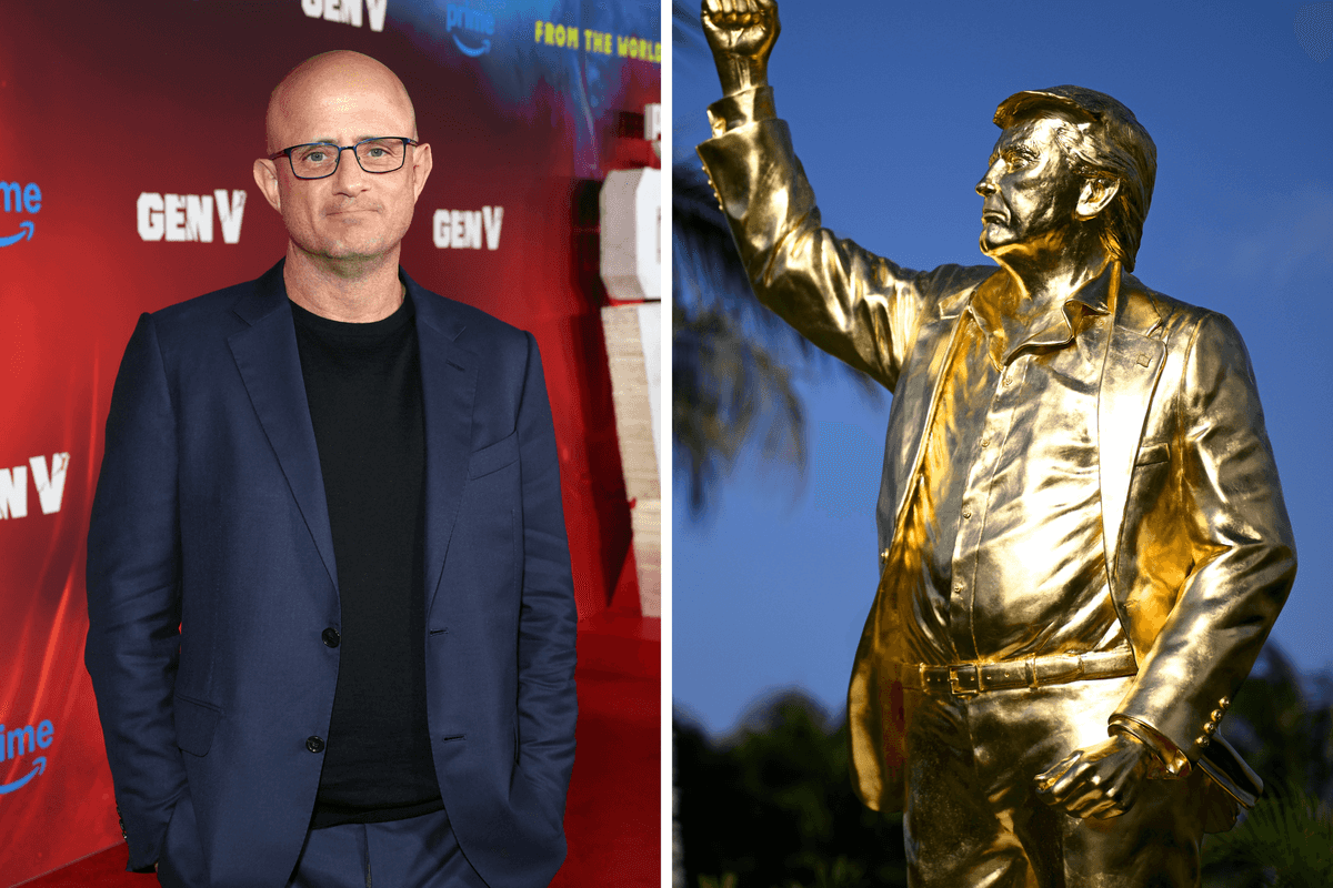Left, Eric Kripke, a bald white man with glasses on a red carpet. Right, a golden statue of Donald Trump, with his right hand raised in a fist.