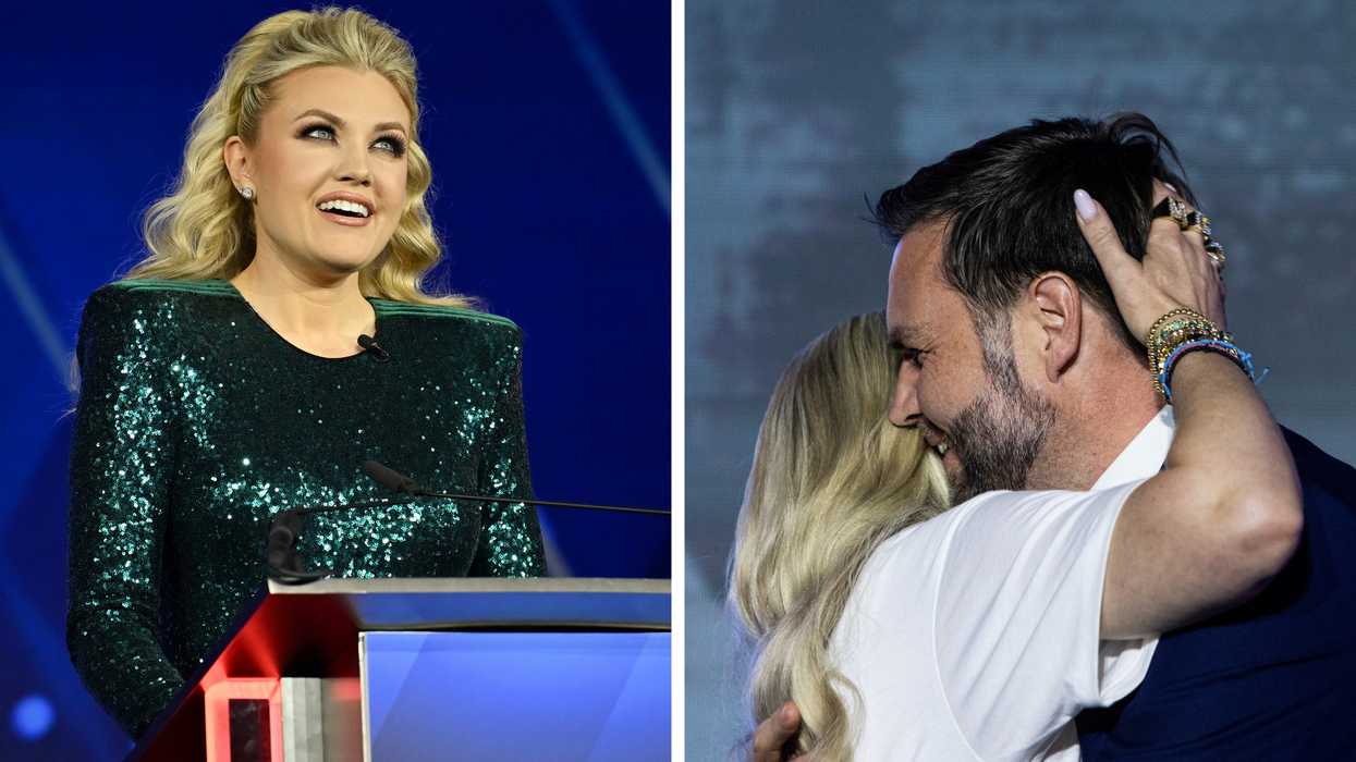 Left, Erika Kirk in a sparkly green dress, speaking behind a lectern. Right, Kirk hugging JD Vance, placing her right hand to the back of his head.