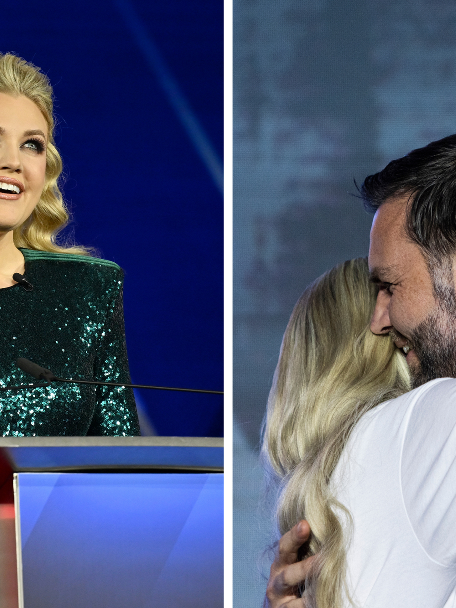 Left, Erika Kirk in a sparkly green dress, speaking behind a lectern. Right, Kirk hugging JD Vance, placing her right hand to the back of his head.