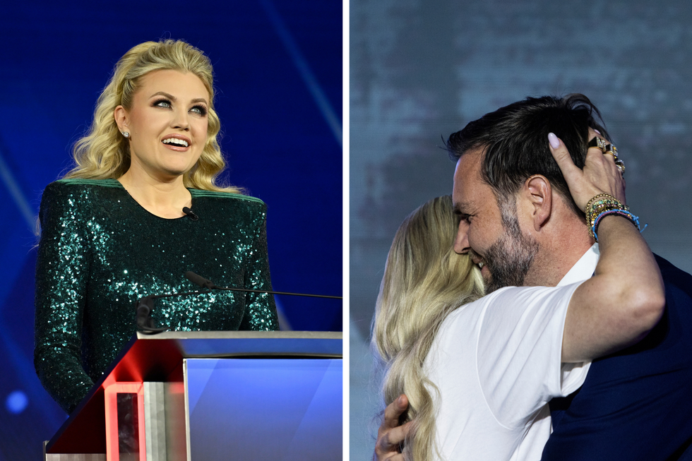 Left, Erika Kirk in a sparkly green dress, speaking behind a lectern. Right, Kirk hugging JD Vance, placing her right hand to the back of his head.