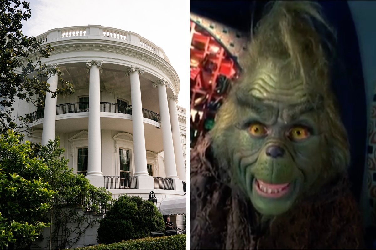 Left, exterior of the White House. Right, Jim Carrey as The Grinch.