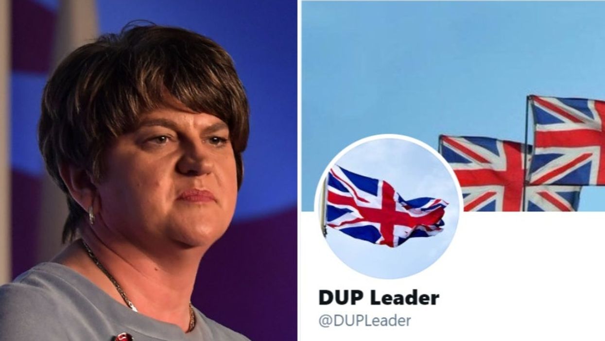 <p>(Left) Former DUP Leader Arlene Foster. (Right) The parody account that managed to get the @DUPLeader Twitter handle</p>