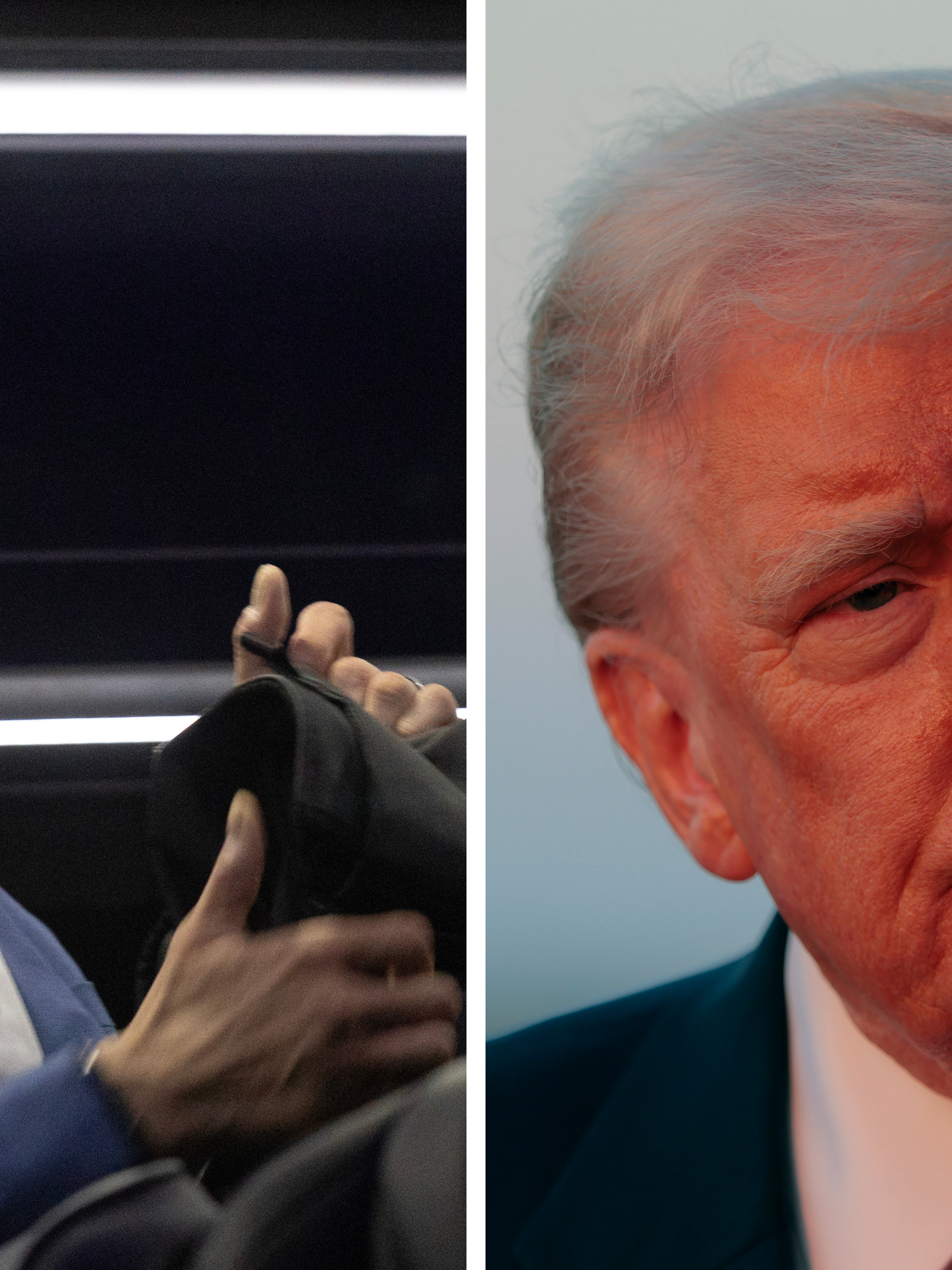 Left, Gene Wu, a Chinese-American man in a blue suit, holds a rucksack on a bus, with an open mouth and a slight look of shock on his face. Right, Donald Trump, his face lit up in a pinkish red hue and looking slightly bemused.