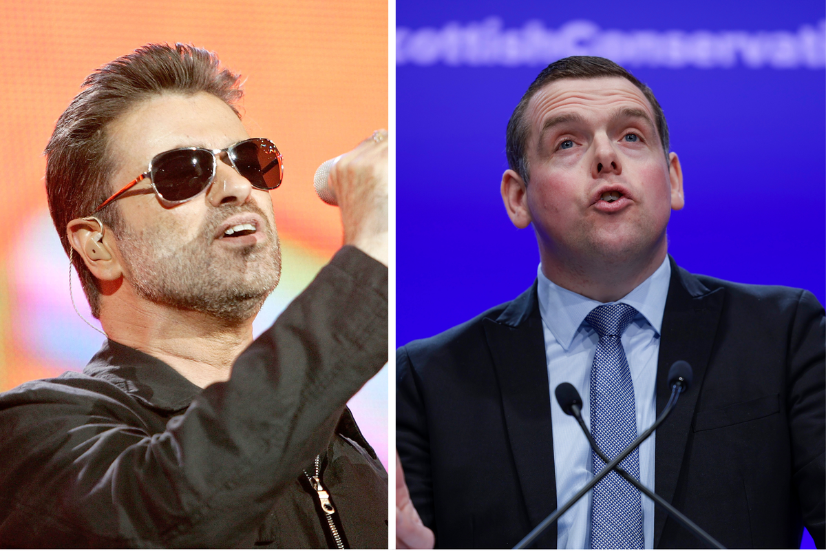 Left, George Michael singing into a microphone. Right, Douglas Ross standing behind a lectern.