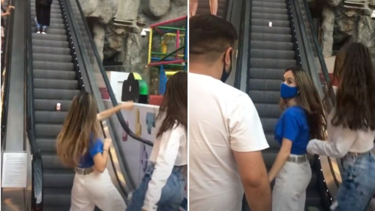 <p>(Left) Gogan and her friend dancing at the bottom of the escalator, (Right) They get interrupted by someone who wants to use escalator</p>