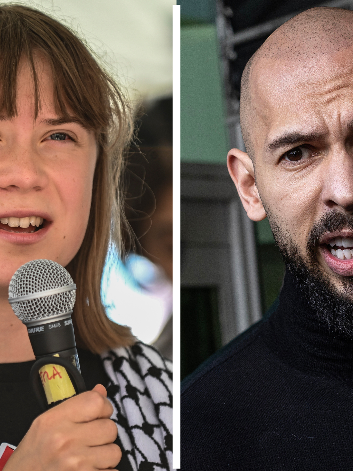 Left, Greta Thunberg holding a microphone. Right, Andrew Tate.