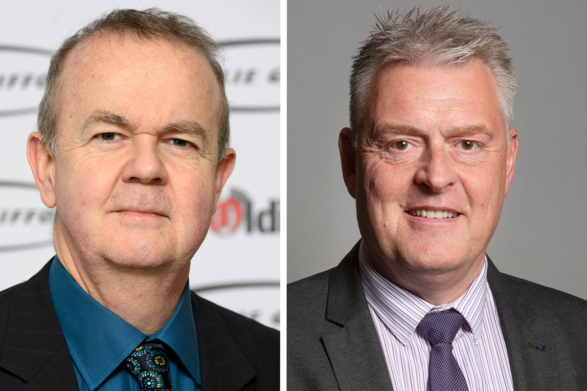 Left, Ian Hislop, a white man with a blue collared shirt and black suit, and short grey hair. Right, Lee Anderson, a white man with short and spiky grey hair and a black suit.