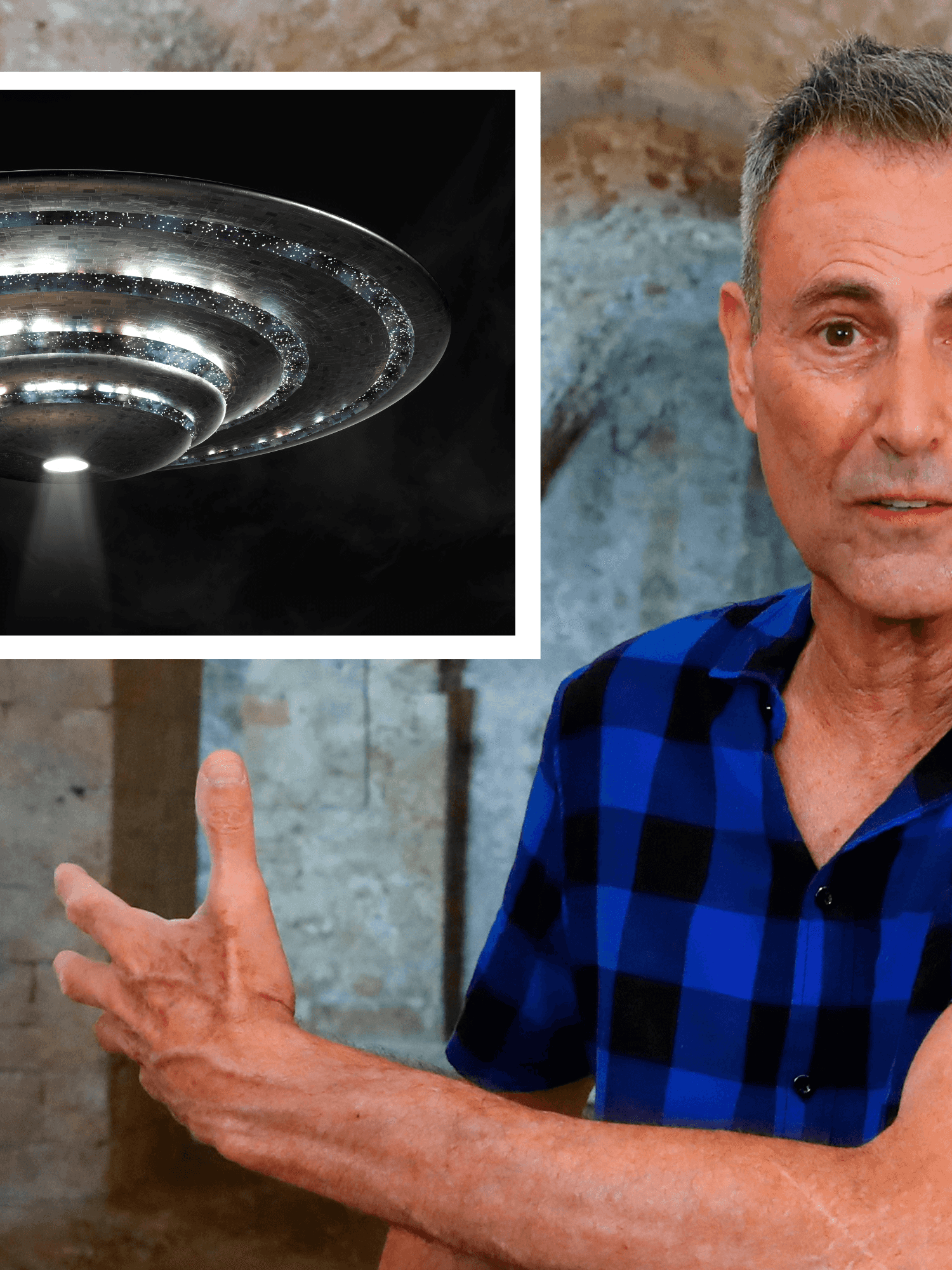Left inset, an image of a spaceship in the night's sky. Right as the main image, is Uri Geller in a rocky temple-like building. He is an Israeli-British man with short grey hair and a checkered blue shirt.