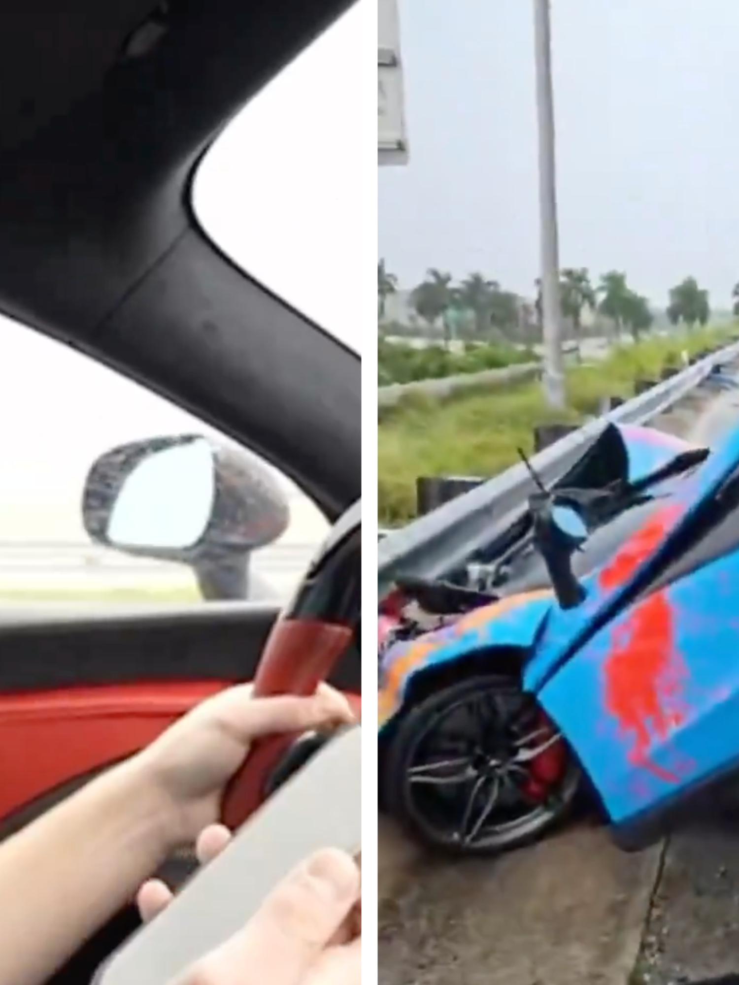 Left, Jack Doherty glances down at his phone while driving a McLaren. Right, the same McLaren from the outside, smashed and wrecked after colliding with a metal traffic barrier.