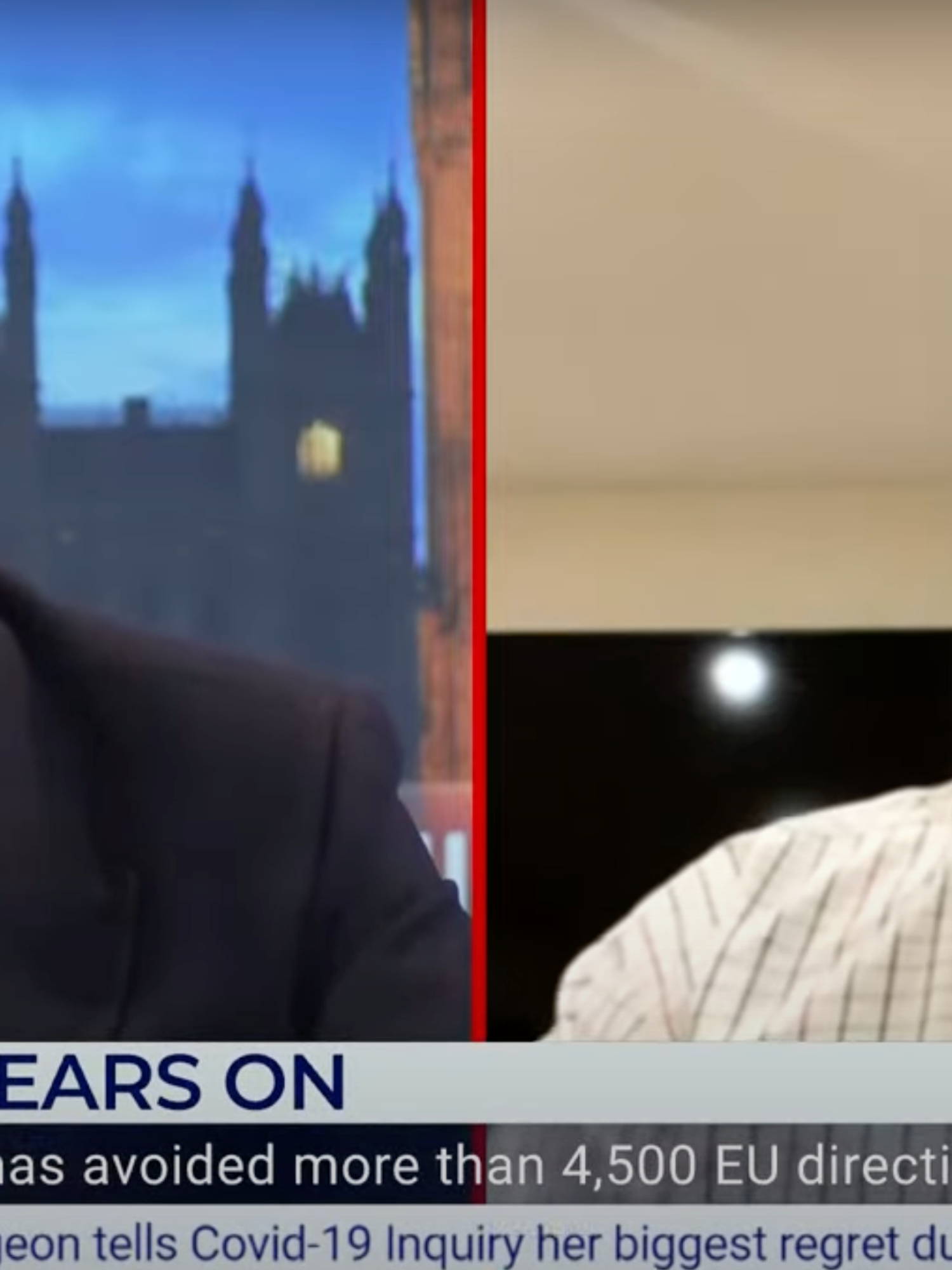 Left, Jacob Rees-Mogg. Right, David Catt, a white man with short white hair and a white collared shirt. They are on GB News, with a chyron along the bottom reading: 'Brexit four years on'.