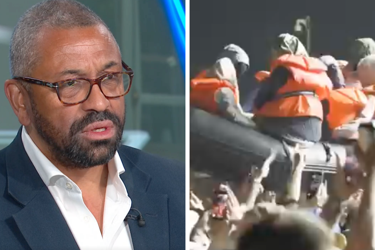 Left, James Cleverly being interviewed on Sky News. Right, an inflatable raft featuring dummies in lifejackets being held up by a concert crowd.