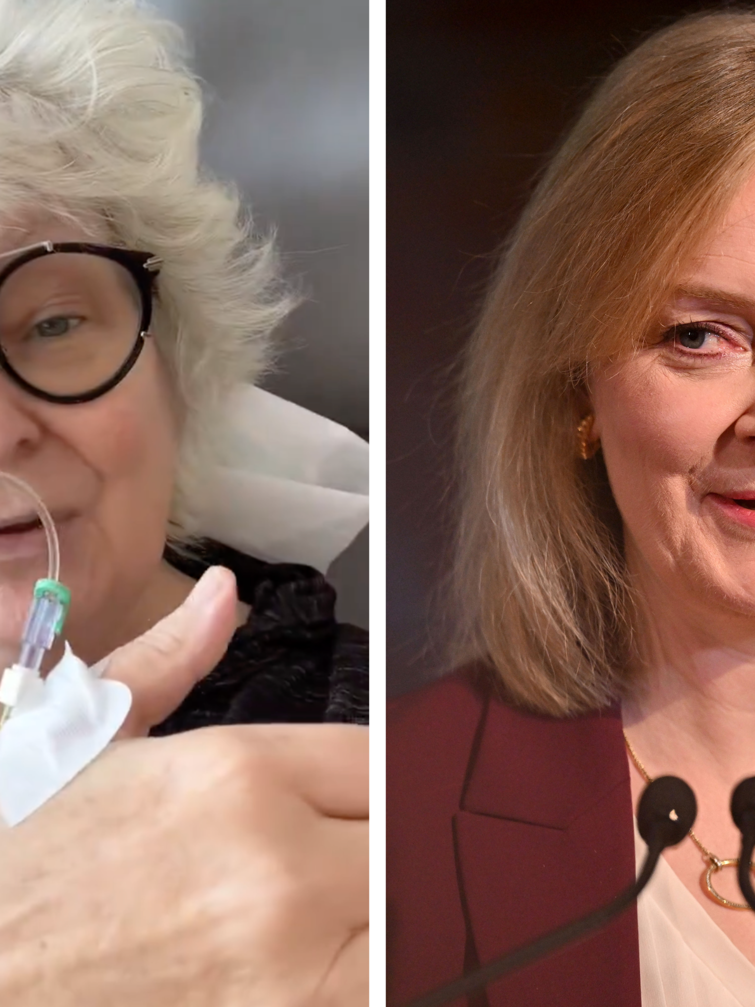 Left, Janey Godley talks to the camera showing off a cannula in her right hand. Right, Liz Truss smirks as she talks into two tiny microphones at a conference.