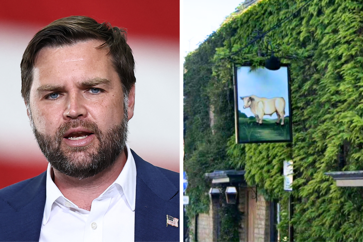 Left, JD Vance. Right, a pub sign outside a restaurant which is an illustration of a bull.