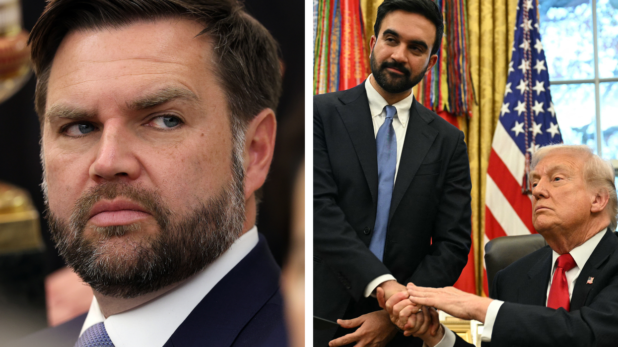 Left, JD Vance with a frown on his face. Right, Zohran Mamdani standing on the left and shaking the hand of Donald Trump, sitting down on the right.