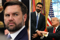 Left, JD Vance with a frown on his face. Right, Zohran Mamdani standing on the left and shaking the hand of Donald Trump, sitting down on the right.