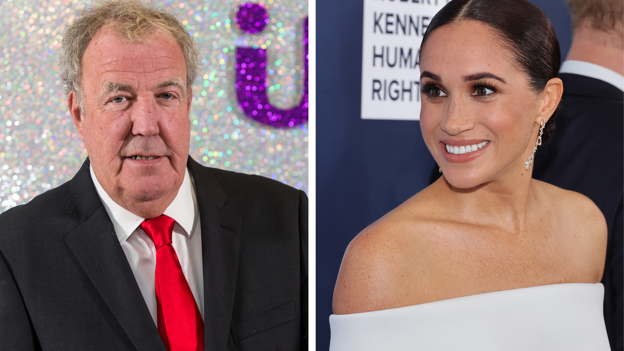 Left, Jeremy Clarkson, a grey-haired white man with a black suit and red tie. Right, Meghan Markle, a mixed race woman with black hair and a white dress.