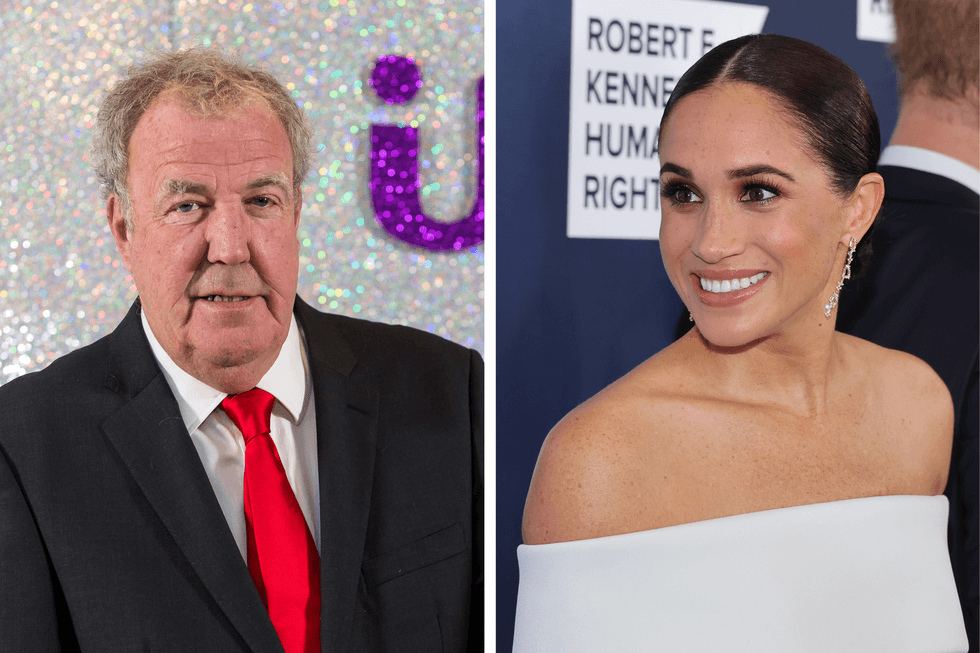 Left, Jeremy Clarkson, a grey-haired white man with a black suit and red tie. Right, Meghan Markle, a mixed race woman with black hair and a white dress.