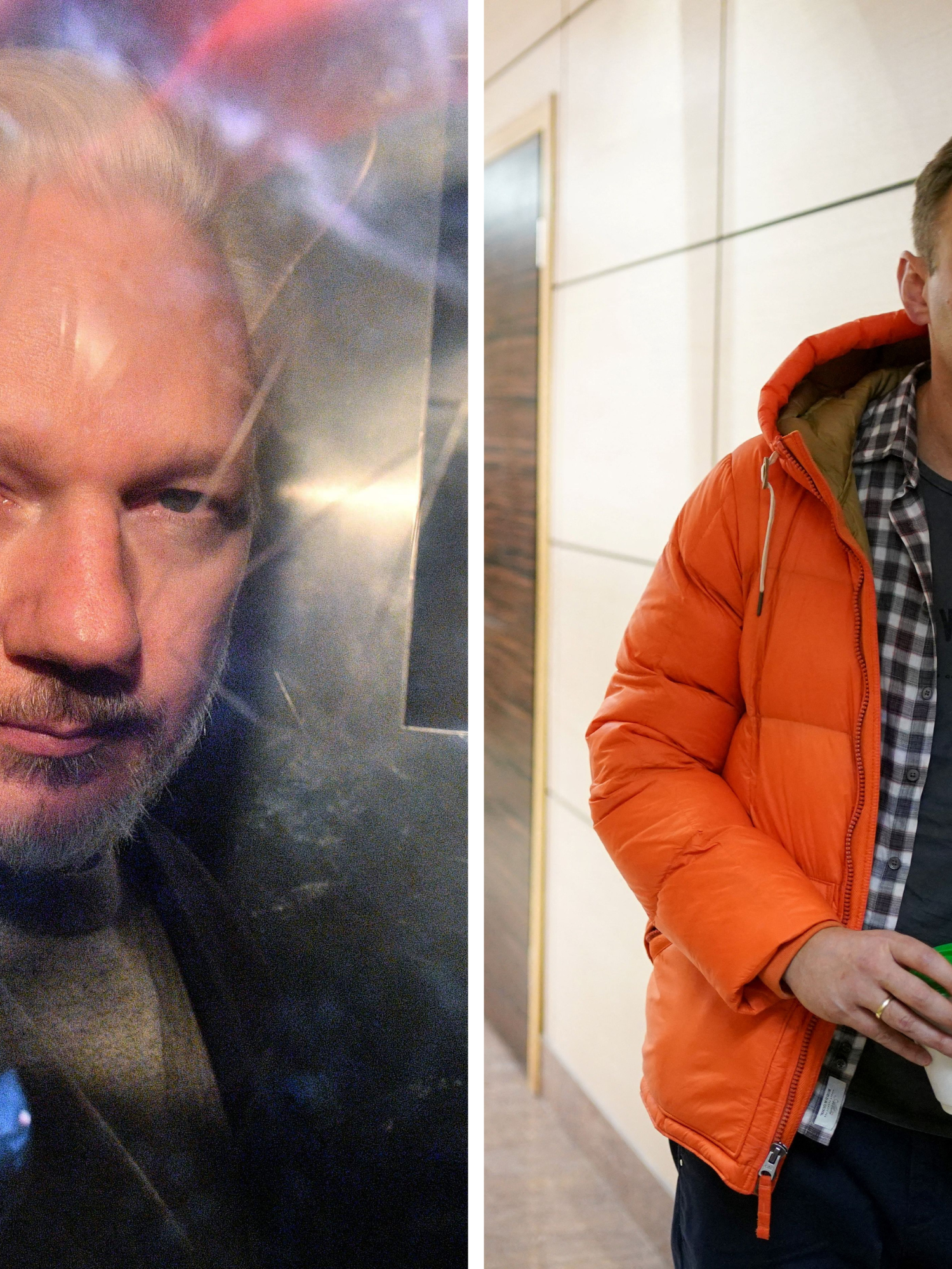 Left, Julian Assange, a white man with a short beard and white hair, saluting through the window of a prison van. Right, Alexei Navalny, a white man with short brown hair and an orange coat, resting against a white brick wall.