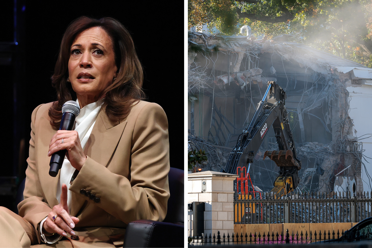 Left, Kamala Harris holding a microphone and looking concerned. Right, a crane next to the demolished East Wing of the White House.