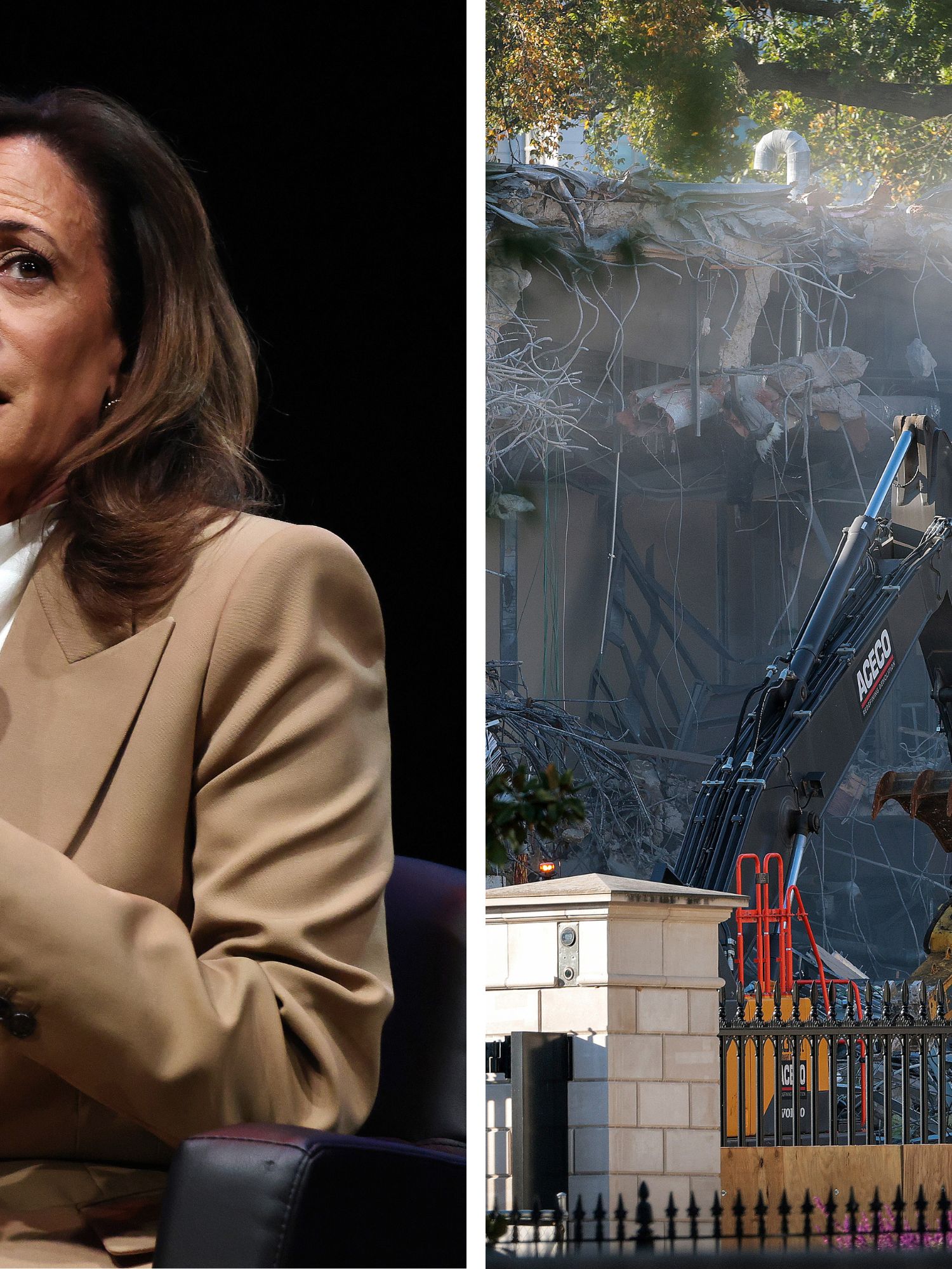 Left, Kamala Harris holding a microphone and looking concerned. Right, a crane next to the demolished East Wing of the White House.