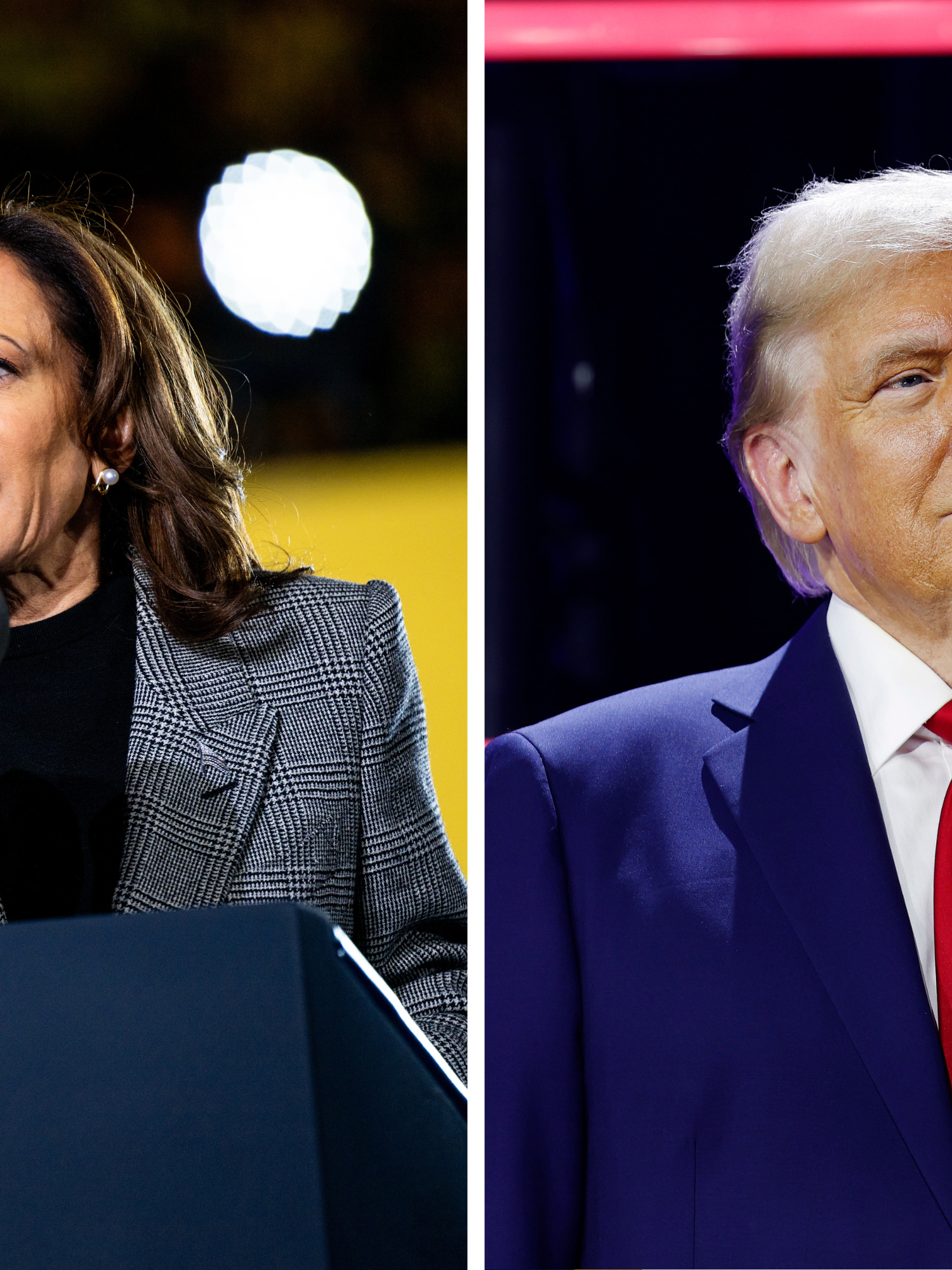 Left, Kamala Harris. Right, Donald Trump.