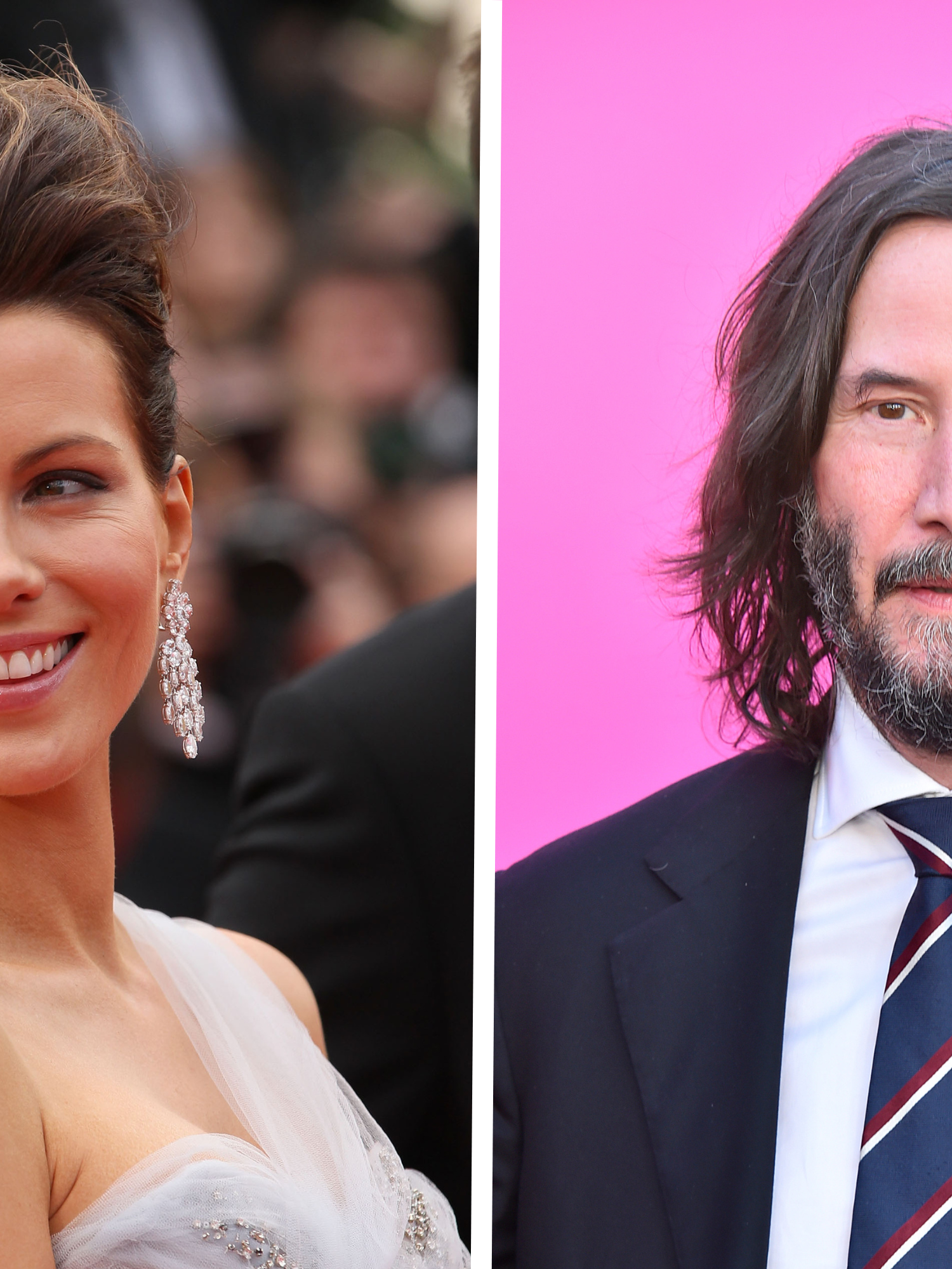 Left, Kate Beckinsale, a white woman with short brown hair, smiling on the Cannes red carpet. Right, Keanu Reeves, a white man in a black suit with short black hair and a beard, smiles in front of a pink posterboard.