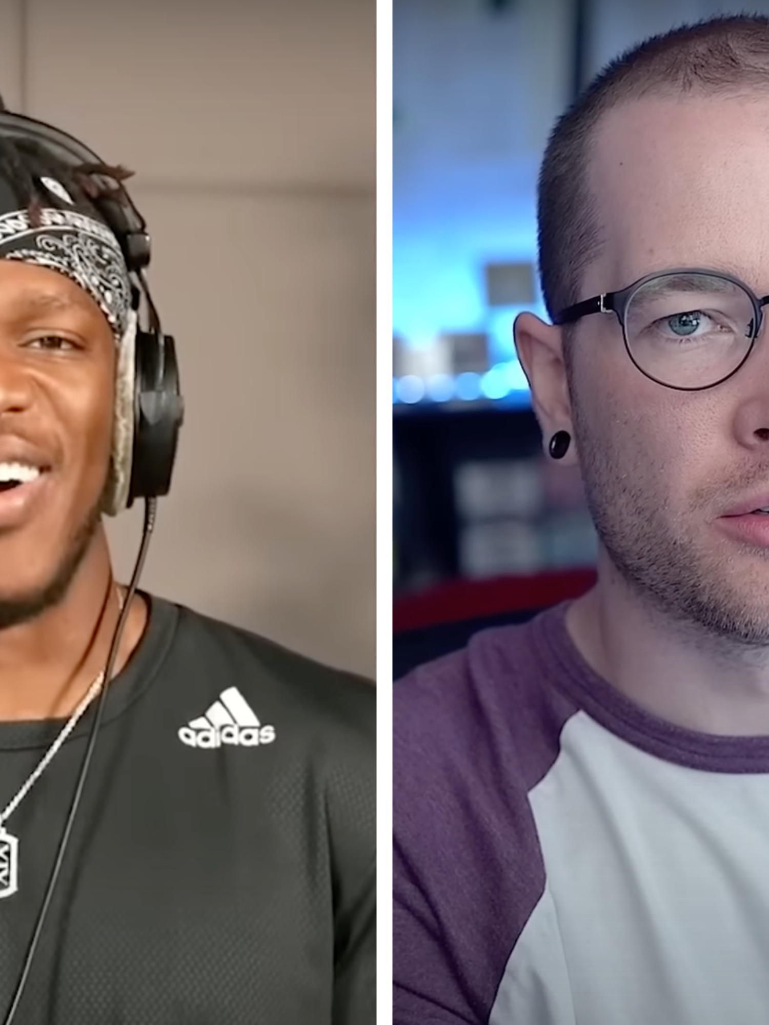 Left, KSI - a Black man with a black bandana and T-shirt, smiling. Right, DanTDM, a white man with rounded glasses and a shaved head of black hair.