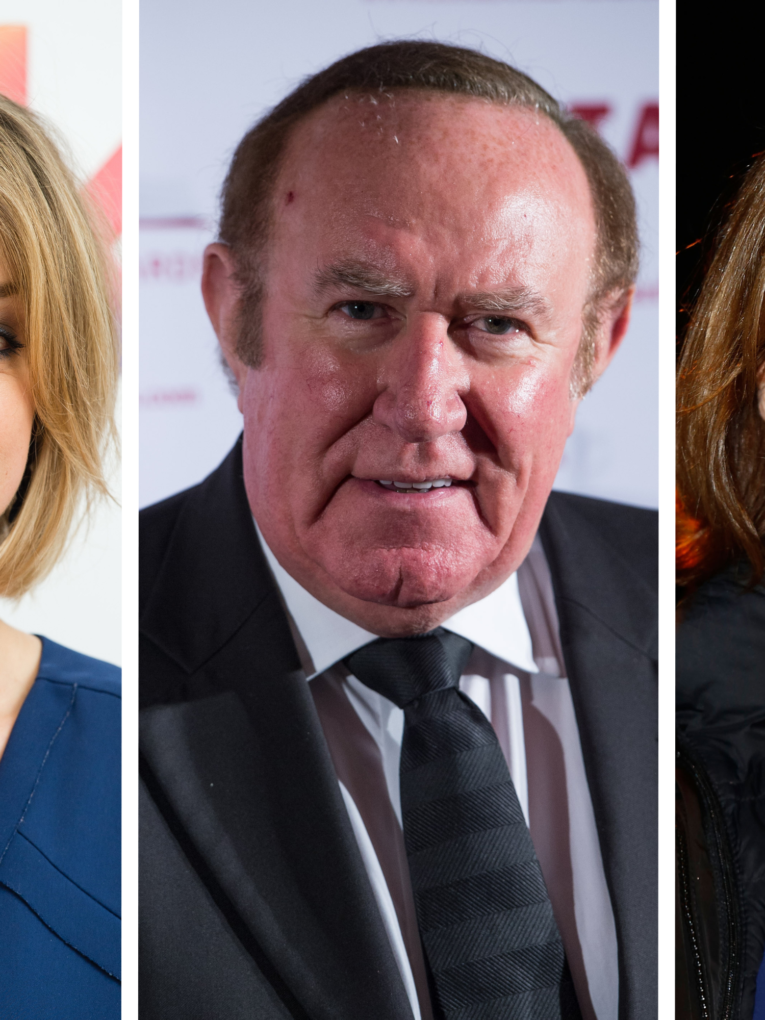 Left, Laura Kuenssberg, a white woman with short blonde hair and a blue dress. Middle, Andrew Neil, a white man with a large forehead and black suit. Right, Fiona Bruce, a white woman with short brown hair.