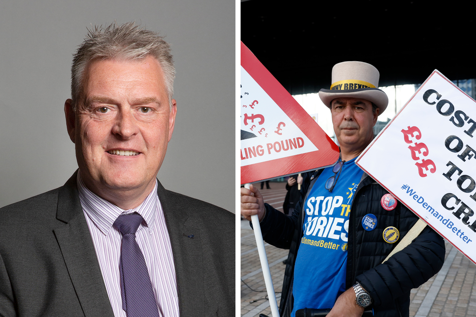 Left, Lee Anderson, a white man in a black suit with short grey hair. Right, Steve Bray, a white man wearing a grey top hat, black coat and blue t-shirt. He holds a placard in each hand.